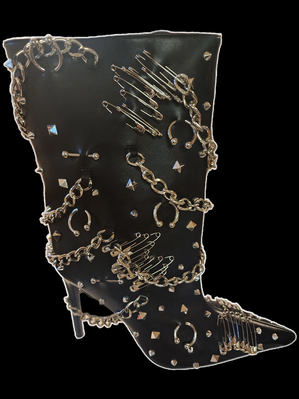 Black Chain & Stud Embellished Pointed Toe Ankle Boot